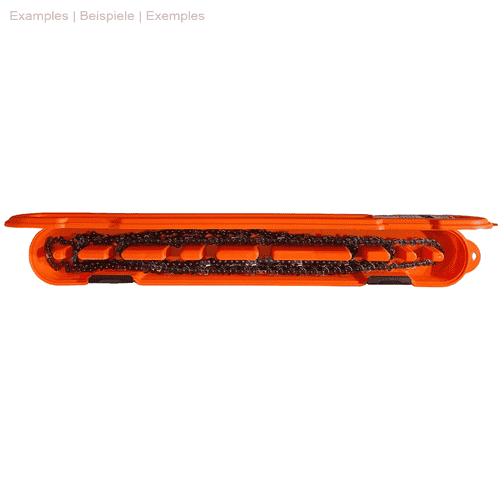 Casier à chaîne Boîte de rangement à chaîne en plastique orange ouverte avec chaîne noire à l’intérieur