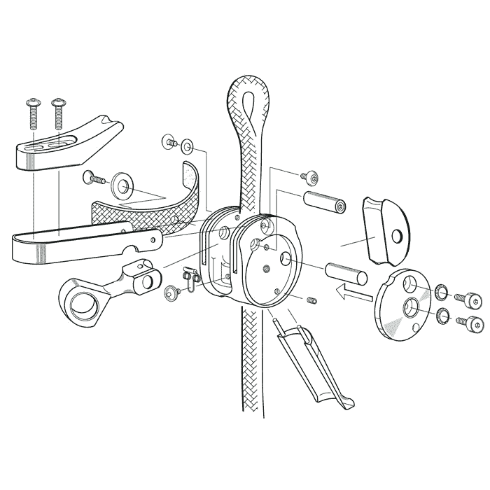 SpiderJack 2.1 Basic by ART, dessin technique en noir et blanc, vue éclatée des différentes pièces et assemblage sur une corde