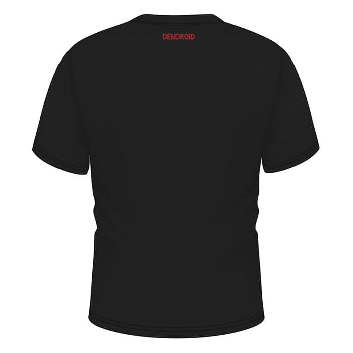 Dos du T-shirt noir « Go Big or Go Home » avec lettrage rouge « DENDROID » sur le col, fabricant non visible