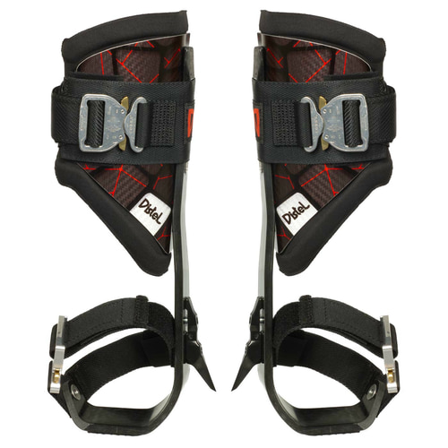 Distel Carbon 3.1 Click, paire de cretons en carbone noir avec lignes rouges, rembourrage noir et fermoirs en métal