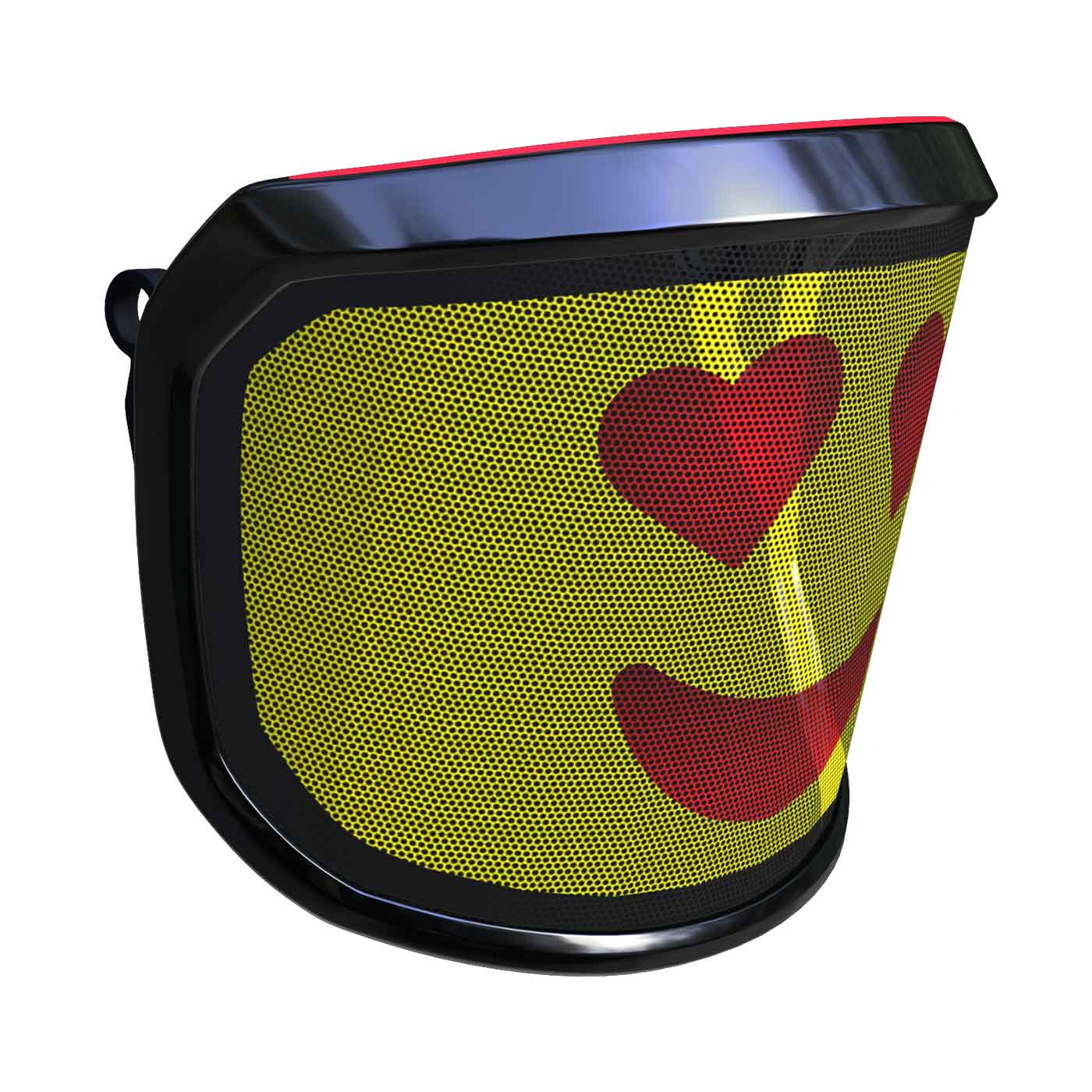 Visière PROTOS® Arbormoji vue latérale de l’autre côté avec fond jaune et visage souriant rouge avec des yeux en forme de cœur, cadre noir