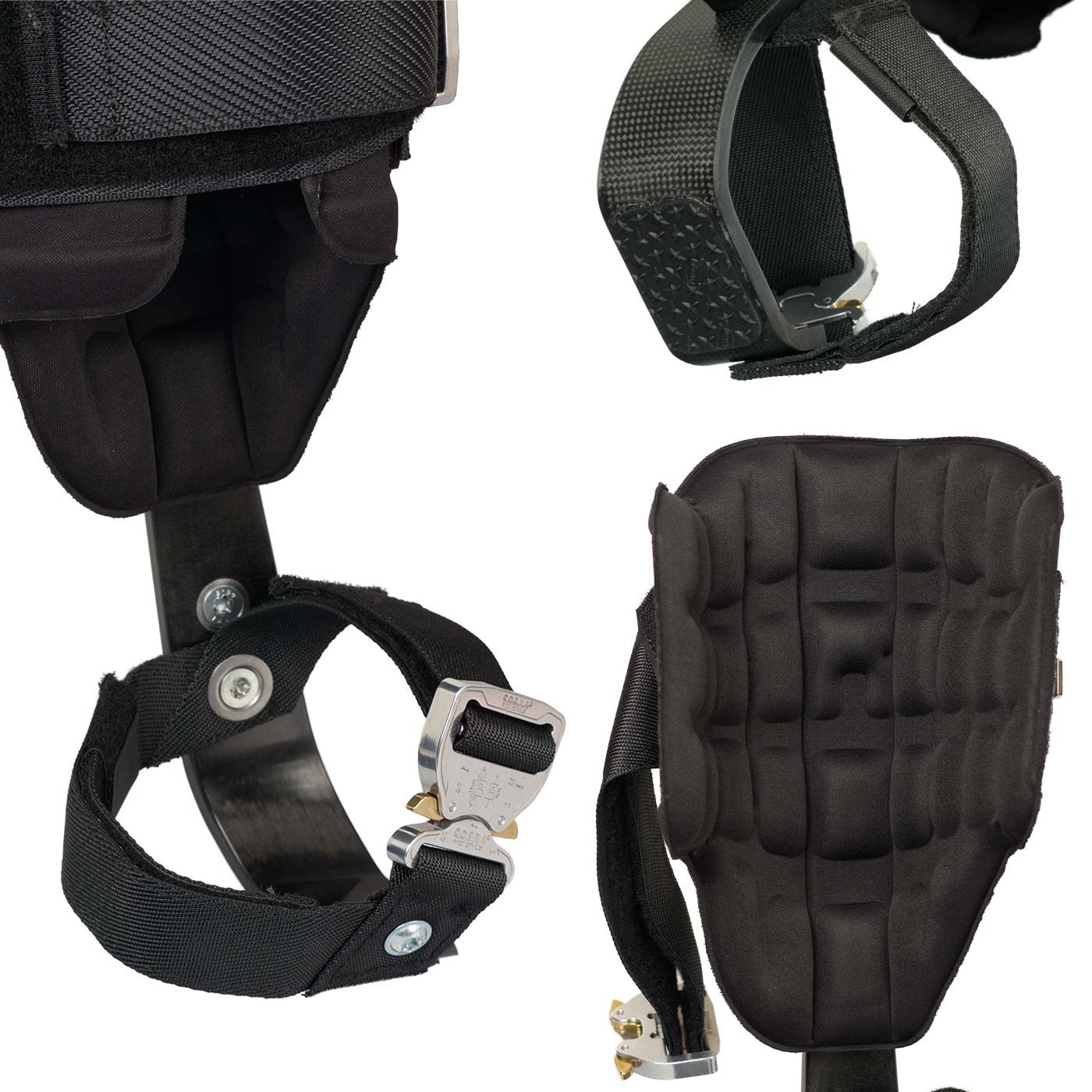 Distel Carbon 3.1 Click, gros plan sur le rembourrage intérieur et les sangles noires avec fermoirs métalliques de l’attelle de jambe en carbone