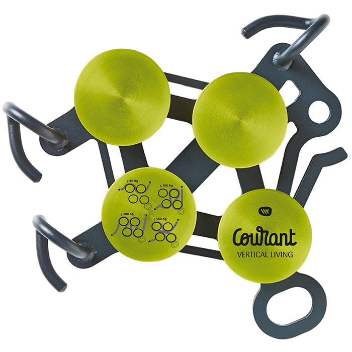 Produit Hulk avec des éléments ronds verts et un cadre en métal noir, sur lequel l’inscription « Courant VERTICAL LIVING » et des symboles