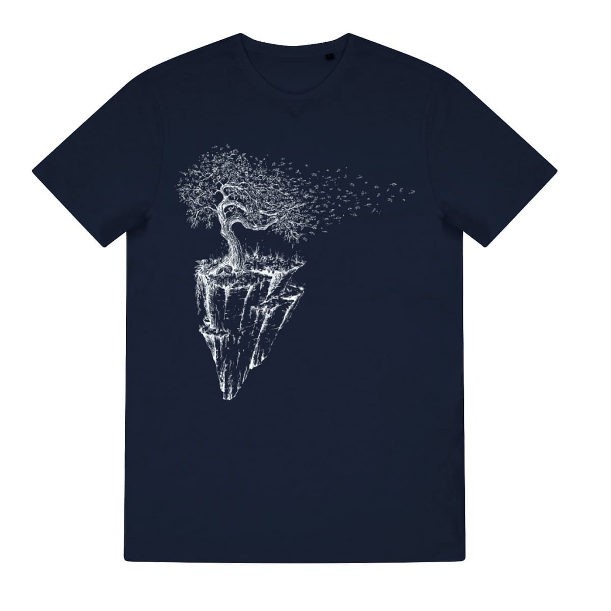 T-shirt islandais bleu foncé avec imprimé blanc d’un arbre sur une île rocheuse flottante