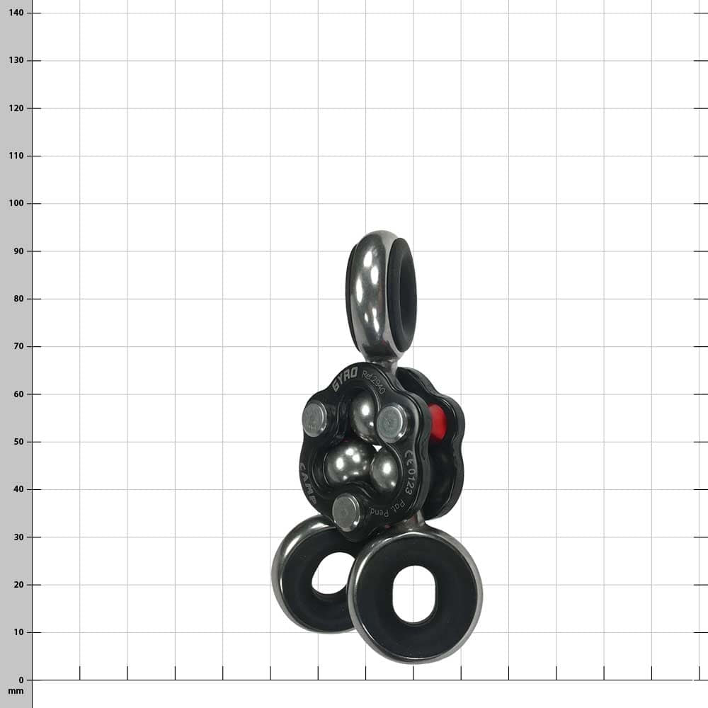 Gyroscope 3, fabricant CAMP, vue latérale du composant métallique noir et argent avec trois ouvertures en forme d’anneau et des roulements à billes visibles, sur un fond à carreaux