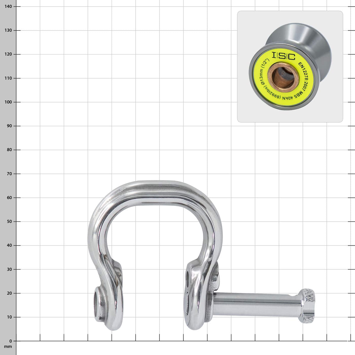 Ultra Link Large by ISC, manille argentée avec boulon dévissé et bouton marqué jaune