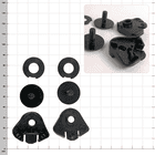 Kit de montage de visière Kask avec plusieurs pièces en plastique noir, dont deux disques ronds avec goupilles et deux supports triangulaires, disposés sur un fond à carreaux