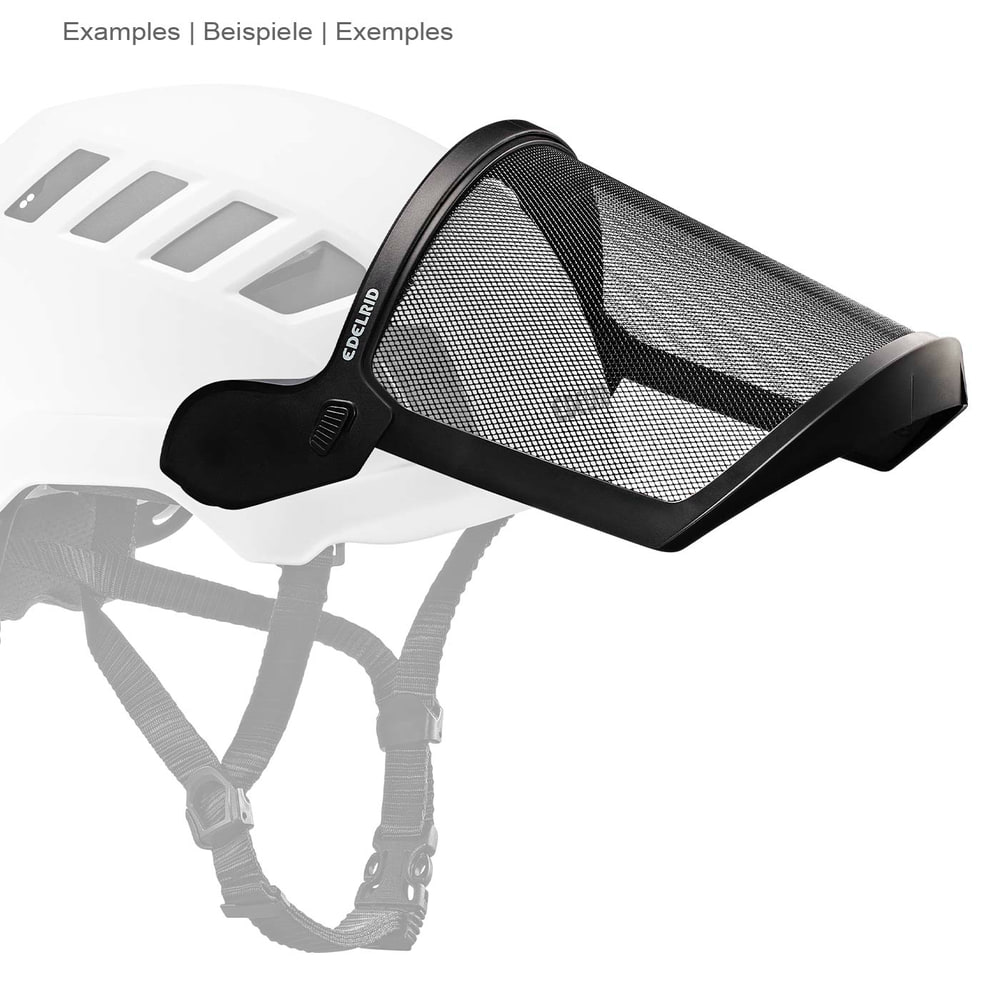 Edelrid Visor Mesh avec cadre noir et tissu en maille fixé au casque blanc en vue latérale