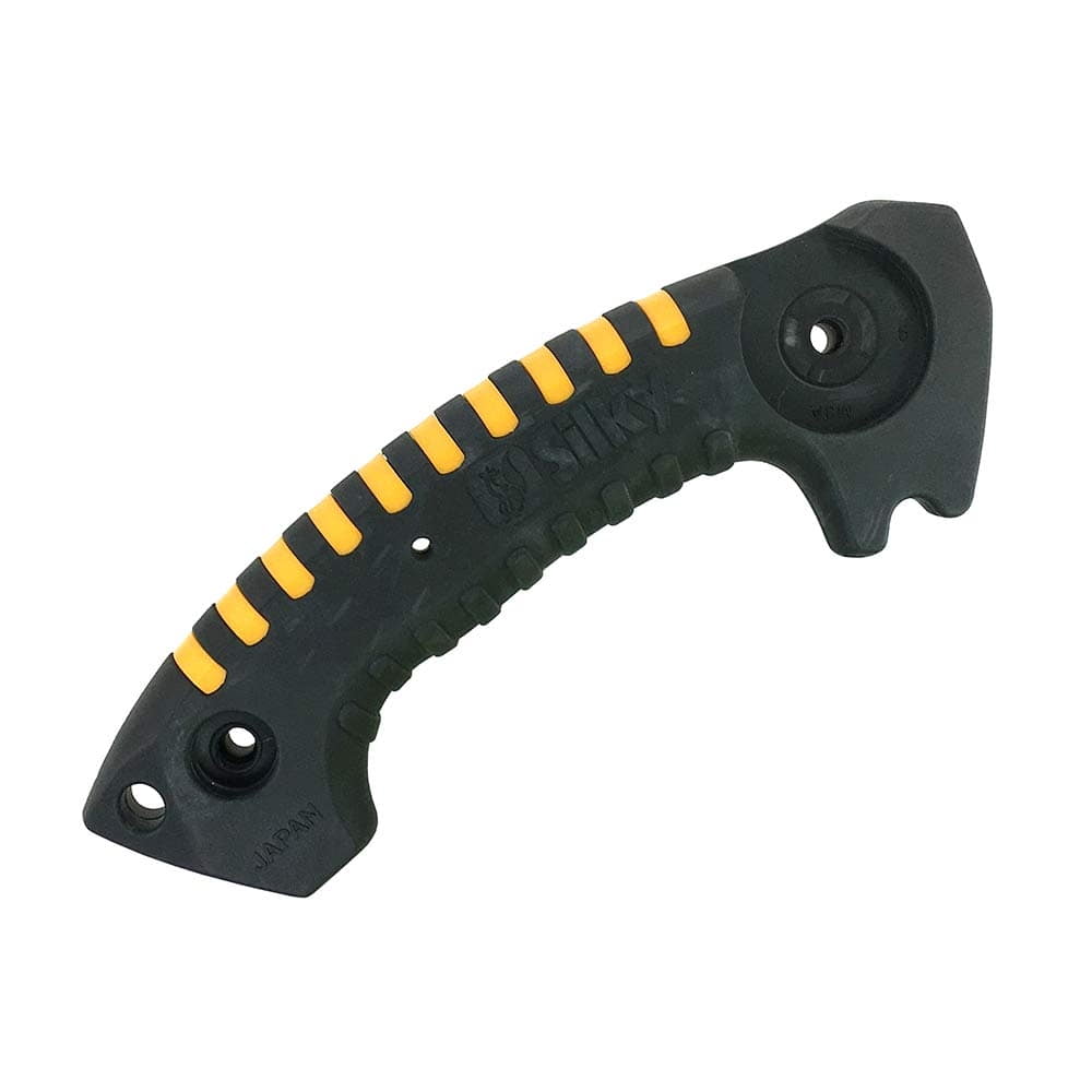 Poignée Sugoi, poignée noire avec inserts en caoutchouc jaune, fabricant Silky, avec trous de montage et forme ergonomique.