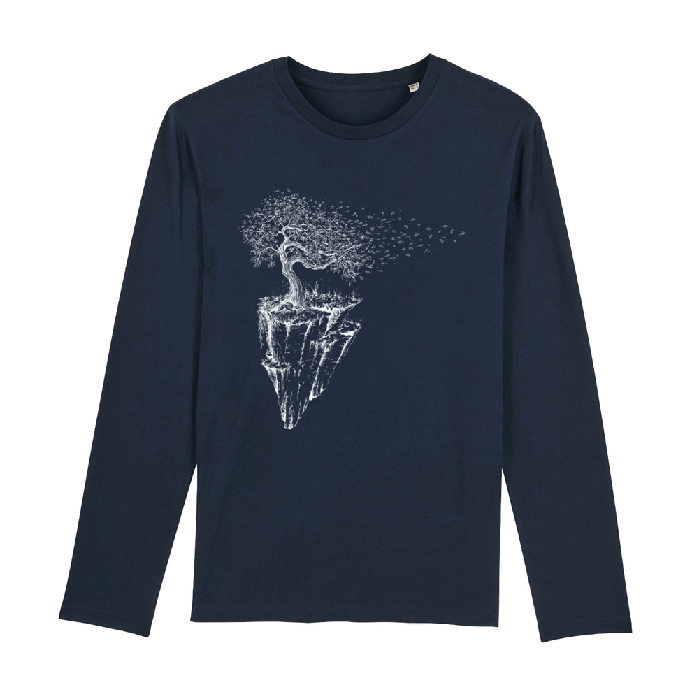 Iceland Longsleeve, chemise à manches longues bleu foncé avec motif blanc d’un arbre sur une île rocheuse flottante