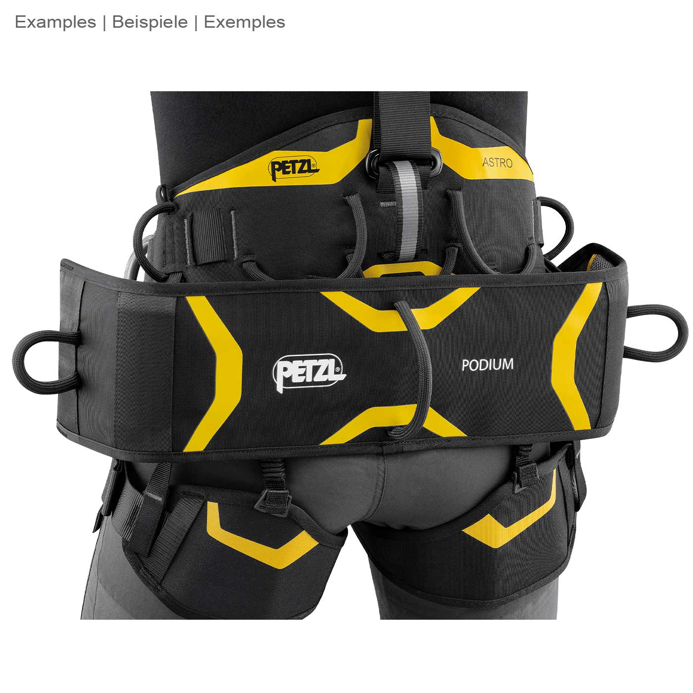 Podium Petzl, ceintures de hanche noires et jaunes avec lettrage Petzl et podium porté par une personne par derrière