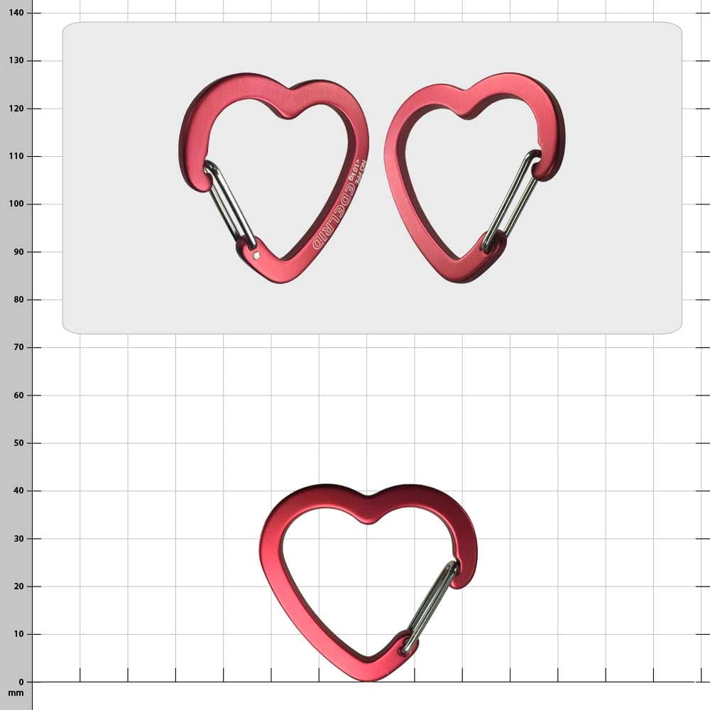 Mousqueton rouge Corazon en forme de coeur, fabricant Edgelird, deux pièces posées l’une à côté de l’autre, l’une visible de face, l’autre de dos