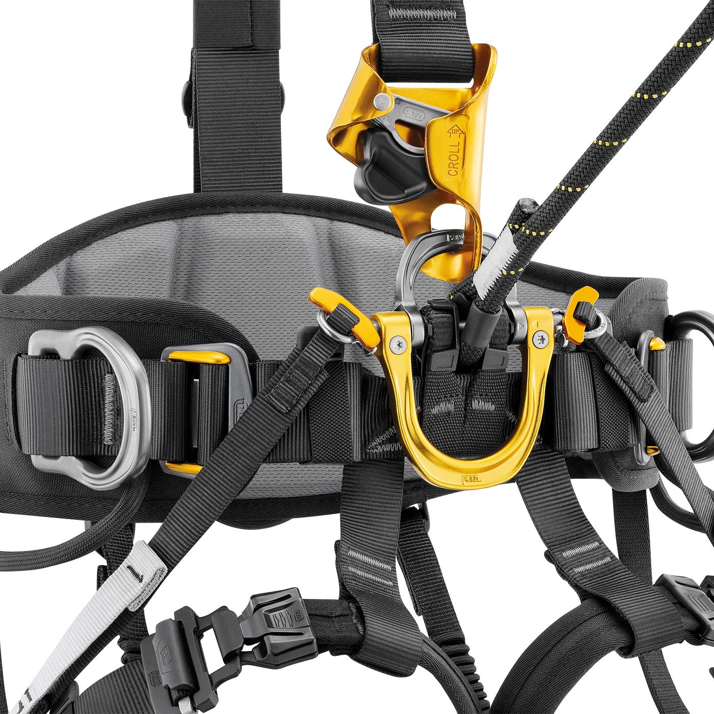 Harnais Astro Bod Fast de Petzl en gros plan avec un assureur jaune et une corde passée dans le harnais