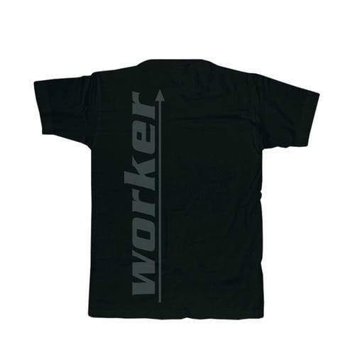 T-shirt noir avec lettrage vertical gris « worker » dans le dos, nom du produit Tree Frog