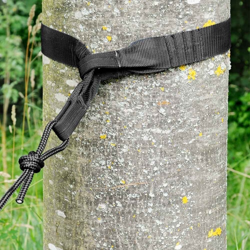 Ceinture noire avec nœud et corde du hamac TreeMount de La Siesta noué autour d’un tronc d’arbre