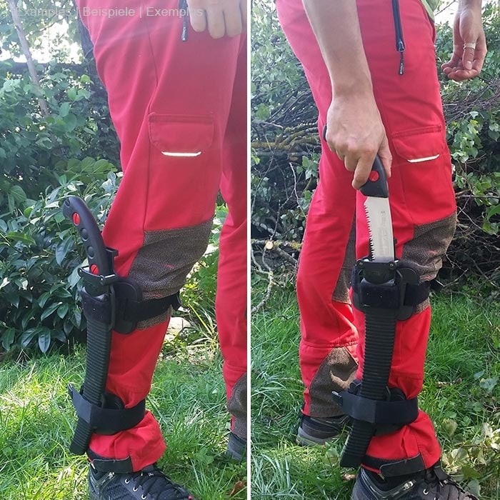 La personne porte un pantalon rouge et des chaussures noires, le Talon Mount est attaché à sa jambe droite avec une scie à main noire