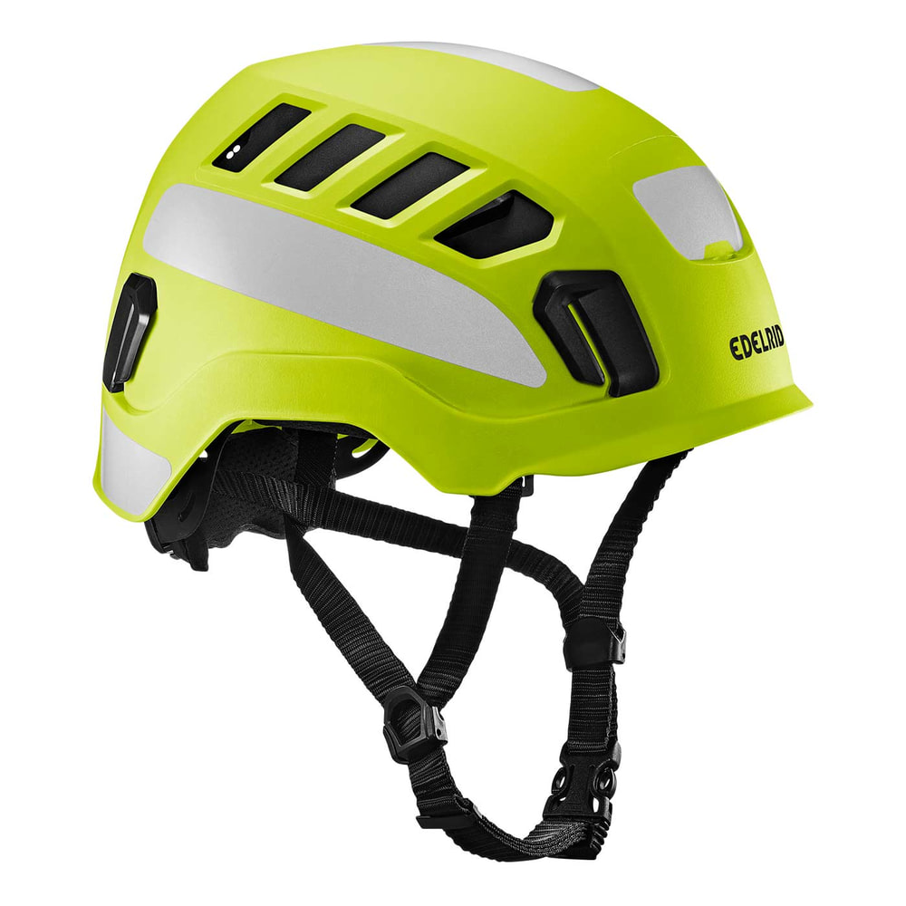 Casque d’escalade Tectum Air Hi-Viz d’Edelrid en jaune vif avec réflecteurs blancs et mentonnière noire, vue latérale