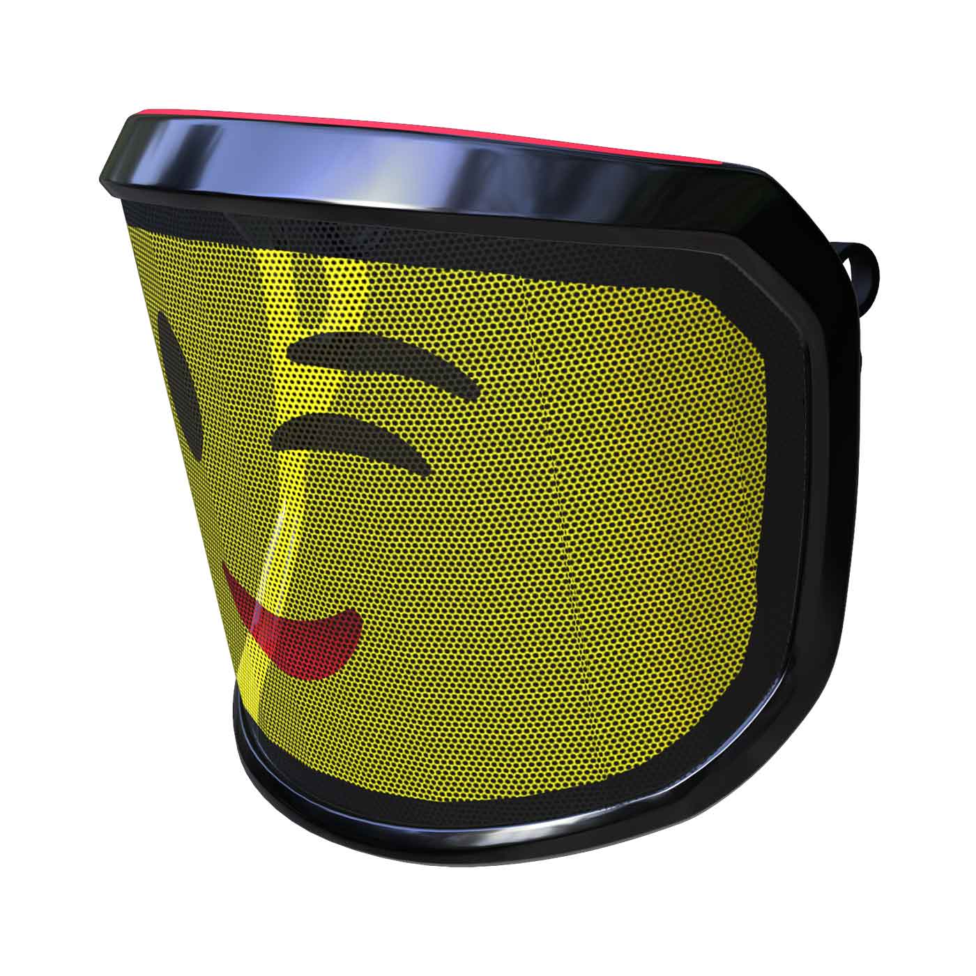 Visière PROTOS® Arbormoji avec grille jaune et visage emoji clignotant, cadre noir et bord supérieur rouge, vue latérale de la droite