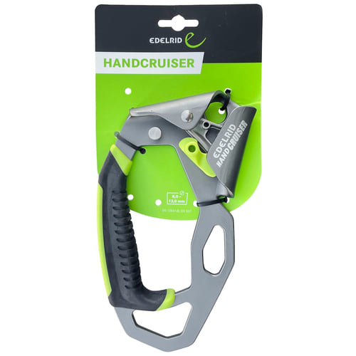 Hand Cruiser L d’Edelrid, emballé sur du carton vert et noir avec l’inscription « Handcruiser » et « Edelrid Hand Cruiser » en blanc, produit attaché avec des colliers de serrage noirs