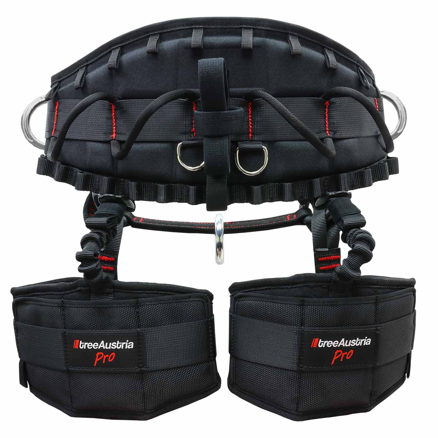 Harnais d’escalade noir treeAustria Pro taille 3 avec coutures rouges, anneaux métalliques et poignets de jambe rembourrés à l’arrière, avec logo treeAustria Pro
