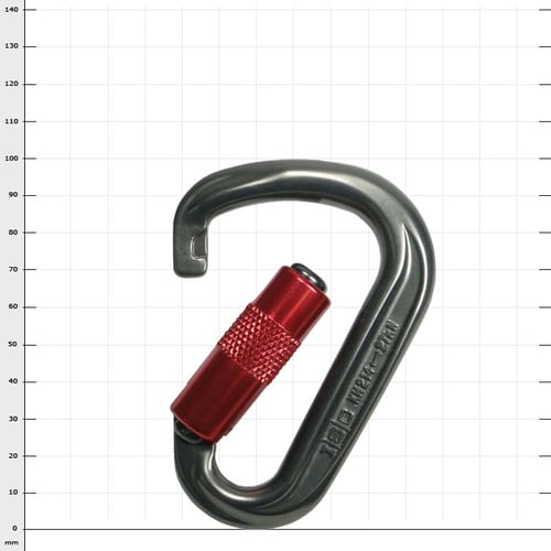 Mousqueton Mighty-Mouse ouvert avec capuchon à vis rouge et corps en métal argenté, fabricant non visible