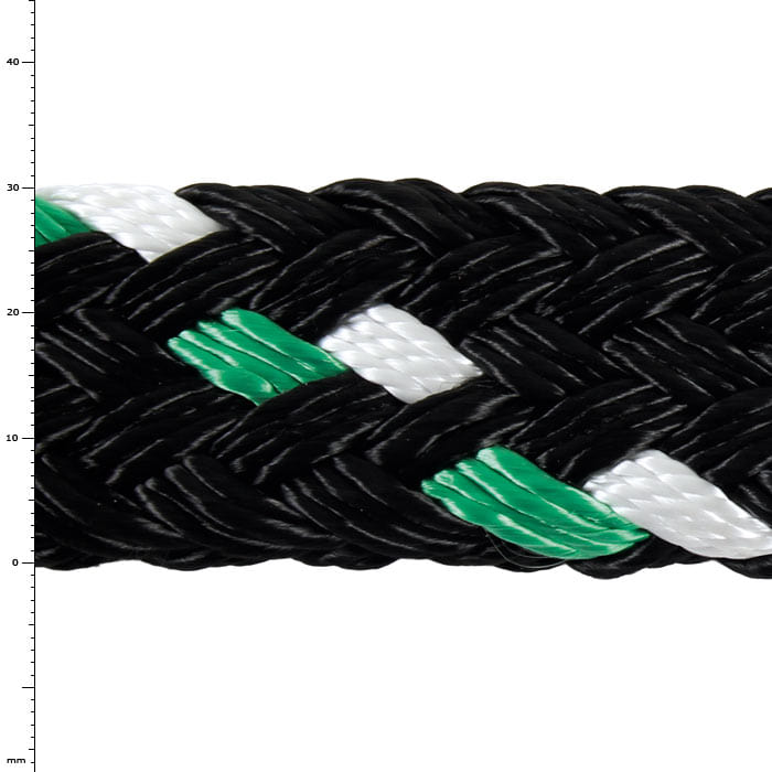GEFA 10T PES vert, gros plan d’une corde tressée avec des fibres noires, blanches et vertes