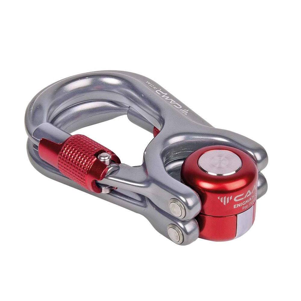 Gros plan sur l’Enigma 3Lock Double de CAMP, mousqueton argenté avec capuchons à vis rouges et section centrale rotative, sur fond blanc
