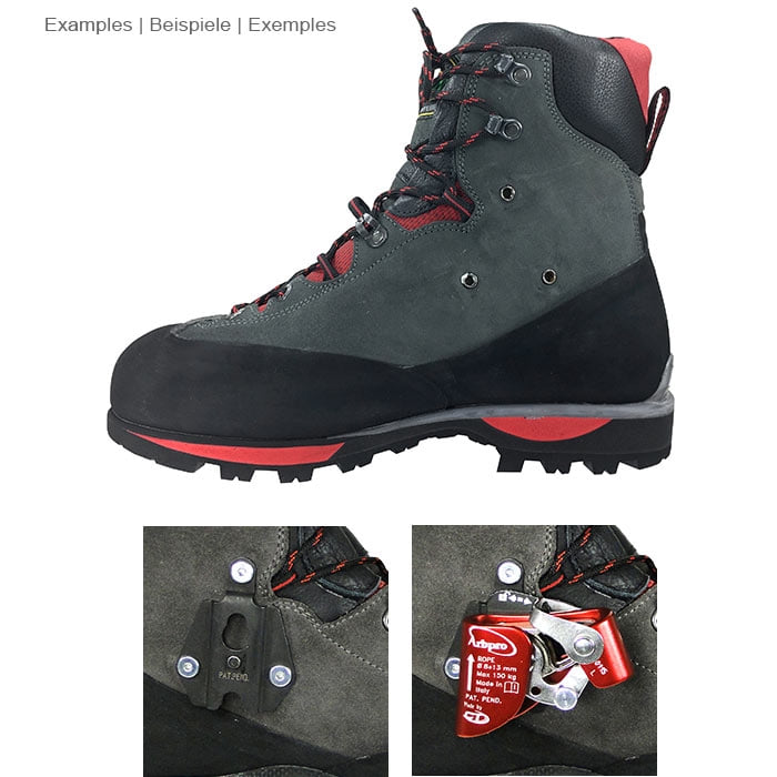 Vue latérale de la chaussure de randonnée Andrew Quickstep en gris, rouge et noir avec deux petites images détaillées en dessous montrant un support noir et un cadre d’escalade rouge