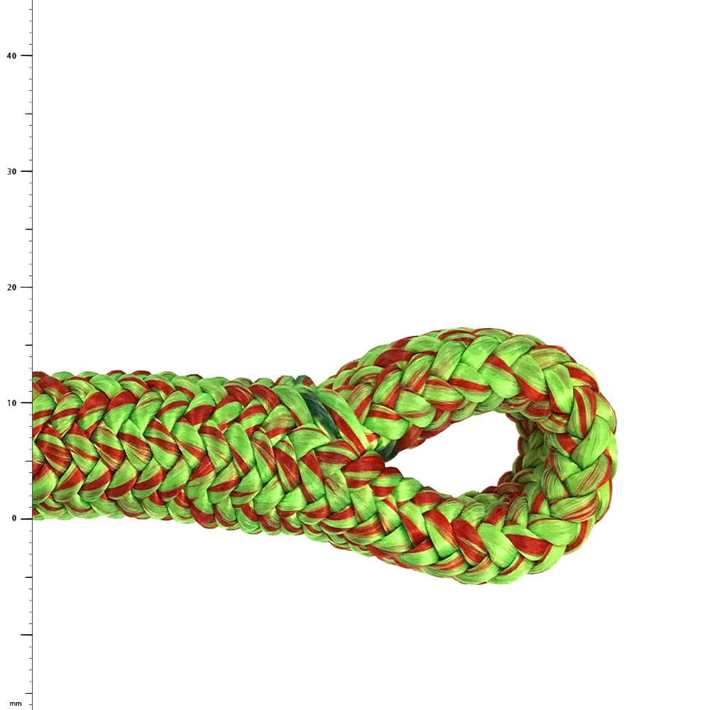 Lignum Splice, une corde tressée de couleur verte et rouge avec une boucle à l’extrémité