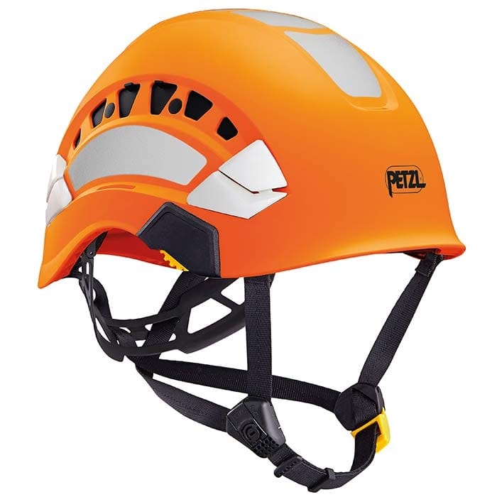 Casque Petzl Vertex Vent Hi-Viz en orange avec sangles noires et autocollants blancs réfléchissants