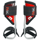 Distel Alu 3.1 Velcro de Distel, deux éperons de pied avec velcro noir et pièces en bois rouge, légèrement photographiés sous un angle différent