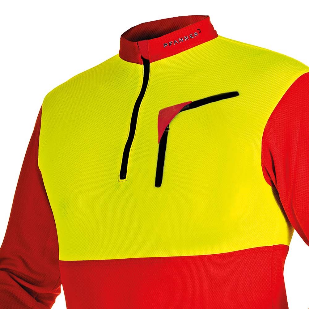 Chemise à col zippé de Pfanner en rouge et jaune à manches longues, fermeture éclair courte et poche poitrine avec fermeture éclair