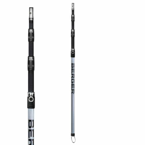 Deux vues de l’ArboRapid Ultra Light Climber 270, un bâton d’escalade argenté avec des poignées et des boucles noires, sur fond blanc