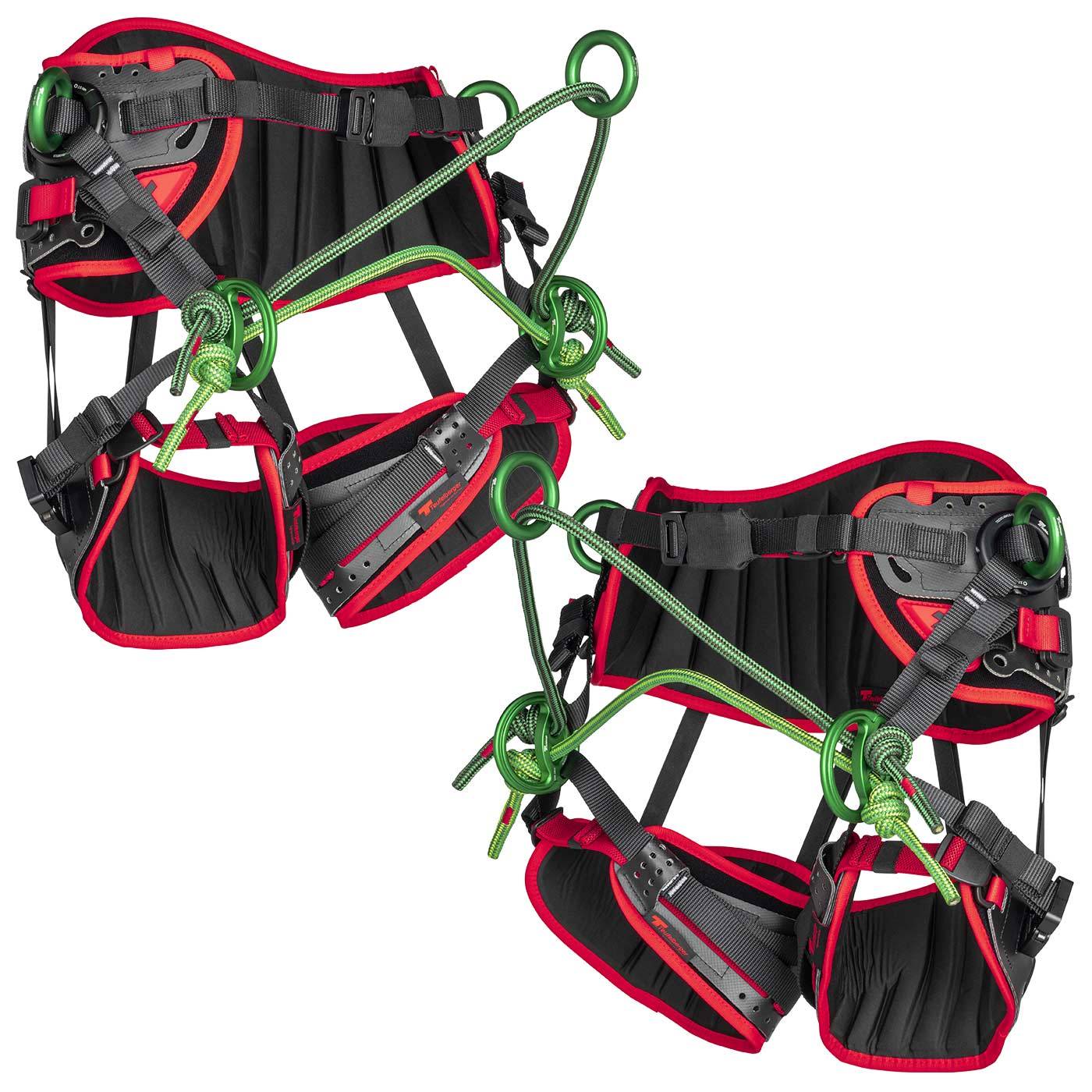 treeMOTION Pro X Harnais d’escalade diagonal à l’avant avec coussin noir et rouge, anneaux métalliques verts et cordes vertes, fabricant Trufilanger