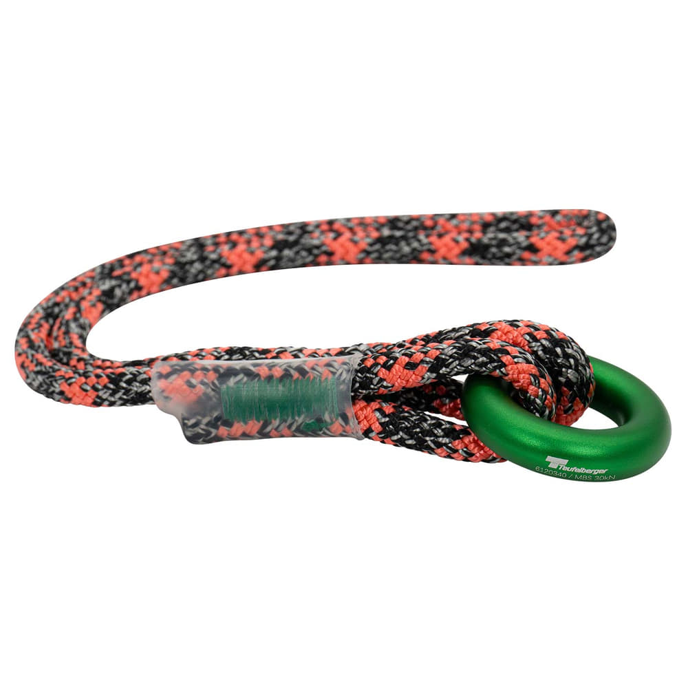 ringLOOP 26, une corde avec un motif orange-noir et un anneau en métal vert, visible sur l’anneau