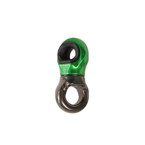 Mini-Swivel, pièce métallique verte et noire avec deux ouvertures rondes, vue latérale