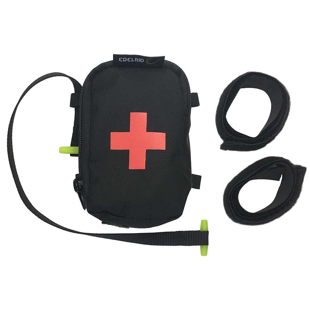 Trousse de premiers soins TreeRex d’Edelrid, sac noir avec croix rouge, sangle noire avec extrémité jaune et deux sangles velcro noires