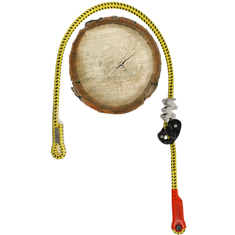 Dispositif de sécurité court Zillon à motif jaune et noir, attaché à un morceau de bois, avec des pièces métalliques et plastiques à l’extrémité de la corde