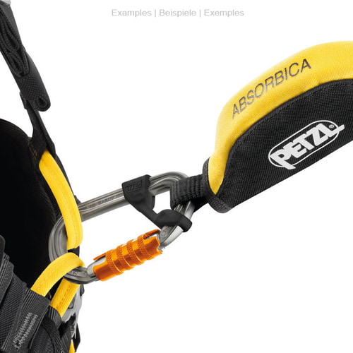 Petzl Captiv, pièce en plastique noir sur mousqueton argenté, attachée à un bracelet jaune et noir avec l’inscription PETZL et ABSORBICA