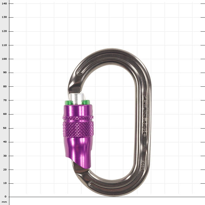 Mousqueton Ultra O Durolock avec fermoir fermé, argenté avec bouchon à vis violet, fabricant non visible