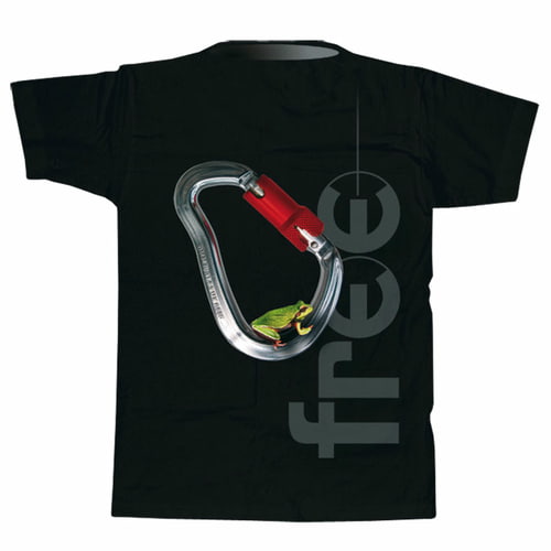 T-shirt noir, dos avec le même imprimé que le devant : mousqueton argenté avec fermeture rouge et petite grenouille verte à l’intérieur, à côté le lettrage « free » en gris, nom du produit Tree Frog
