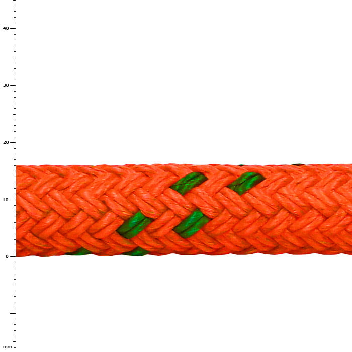 Polydyne 16, gros plan d’une corde tressée orange avec des fils verts, nom du produit visible