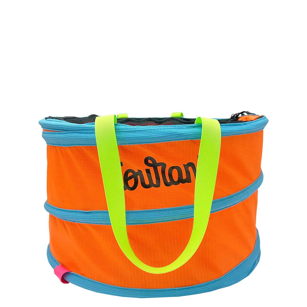 Sac Pelican L orange avec bordures bleues et poignées jaunes