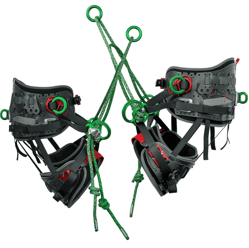 Vue latérale de la ceinture de sécurité Kinisi Max avec cordes vertes, boucles rouges et coussinets noirs