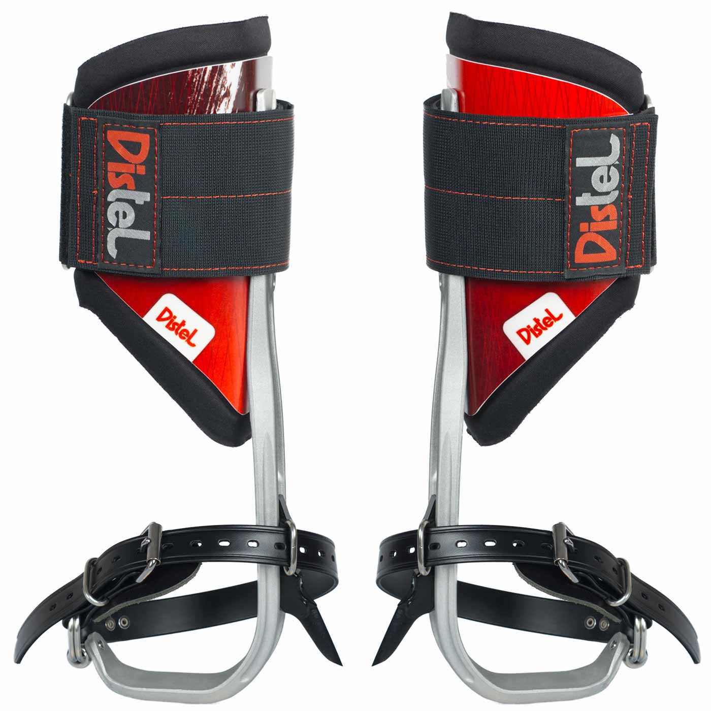 Distel Alu 3.1 Classic de Distel, deux éperons de via ferrata rouges et argentés avec sangles noires et fermeture velcro, vue sous un angle légèrement différent