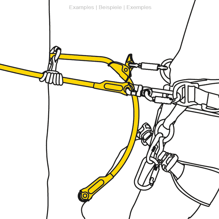 Dessin avec corde Microflip jaune sur baudrier d’escalade et paroi rocheuse, fabricant Petzl