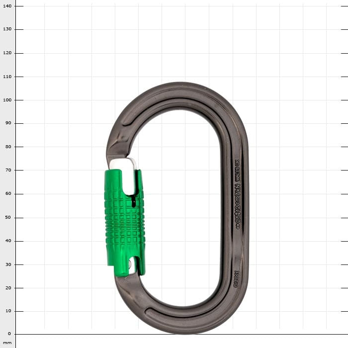 Mousqueton Ultra O avec fermoir vert, corps en métal gris, titre Ultra O visible