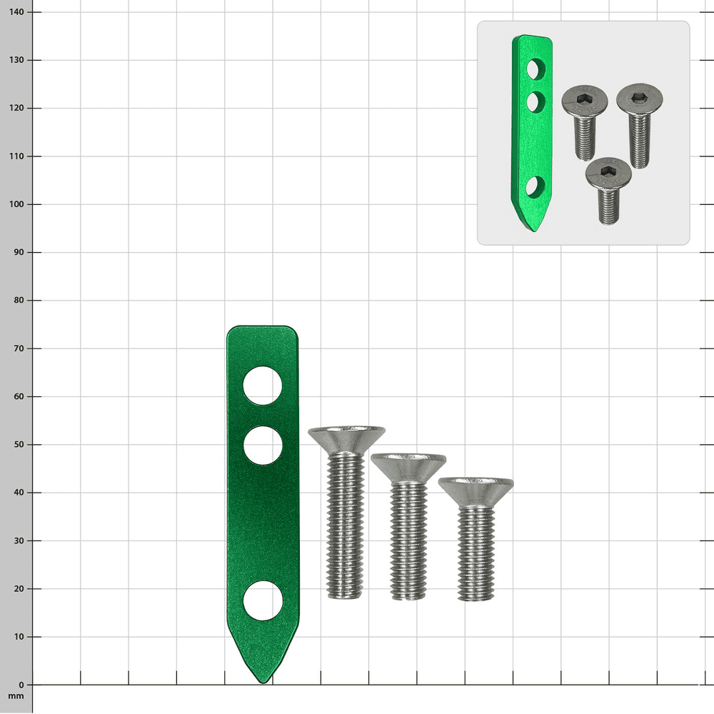 SpikeSender Spacer Basic vert avec trois vis argentées sur un fond à carreaux, la petite image d’insertion montre les mêmes pièces sous un angle différent