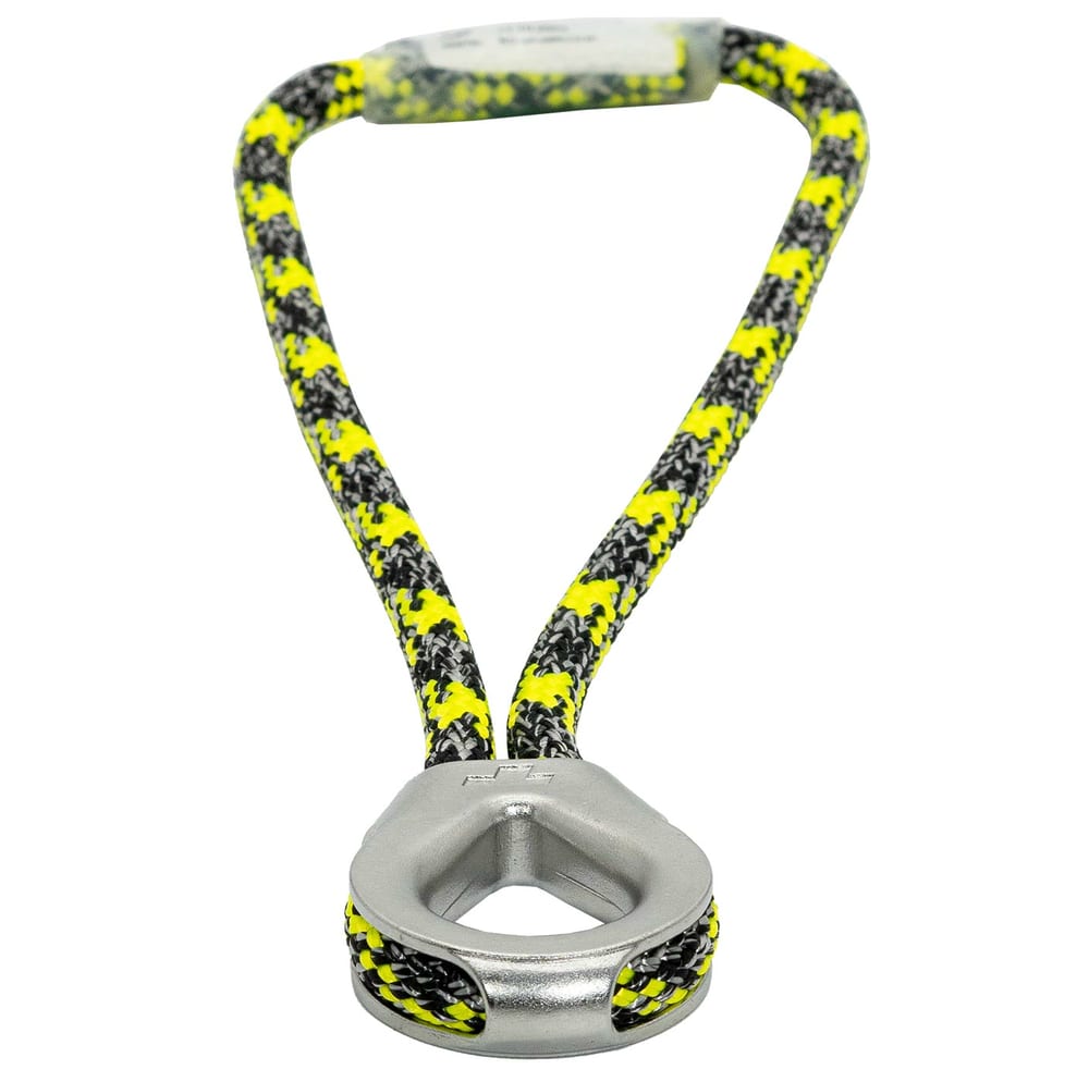prusikLOOP fimble, une corde à motifs jaune-noir-gris avec une partie en métal argenté en forme de larme