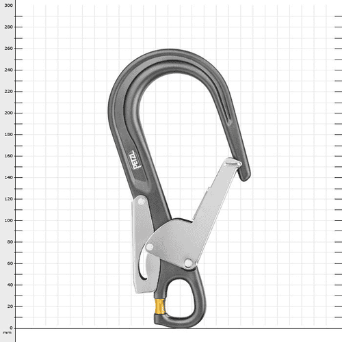 Mousqueton MGO Open 60 de Petzl en noir avec fermoir de sécurité argenté et verrou tournant jaune en bas, dos apparent, sur fond blanc
